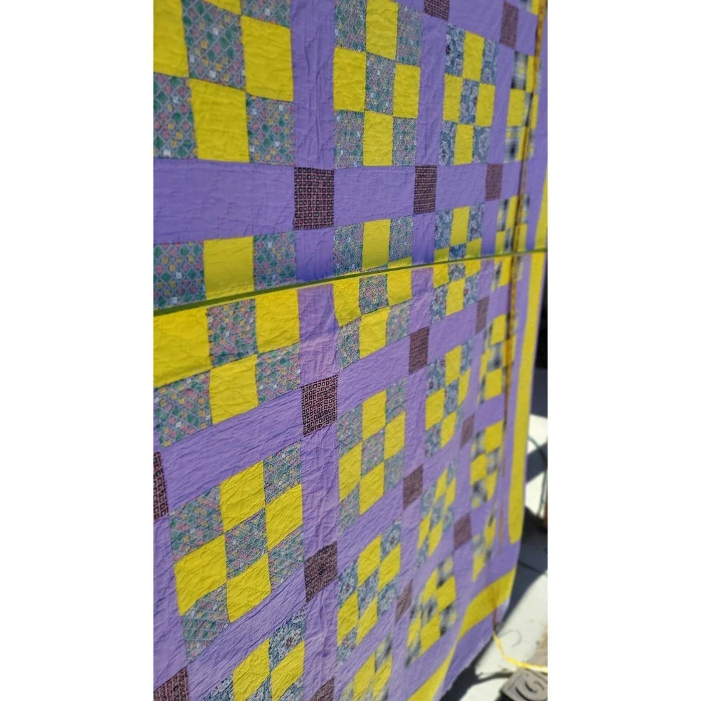 Handmade Nine Patch Quilt Purple Yellow Full Queen Cottage Farmhouse 86 x 74‎